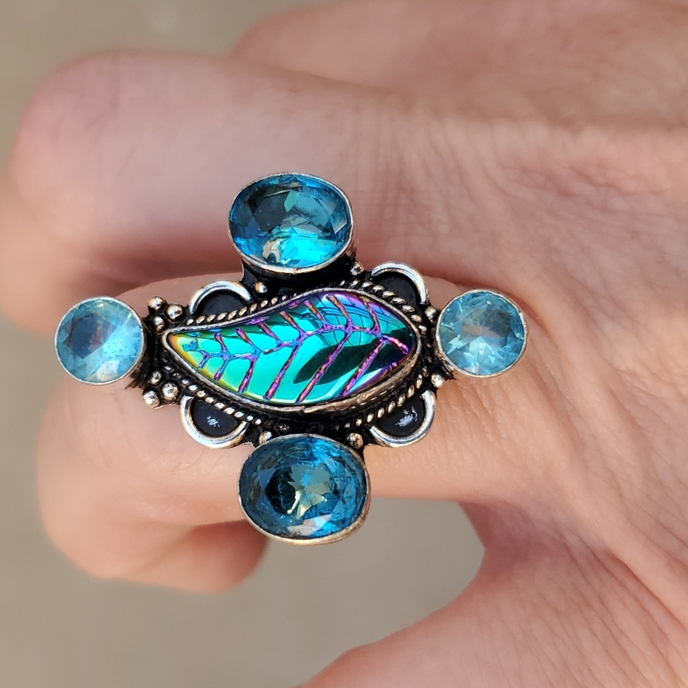 New Carved Rainbow Hematite & Blue Topaz 925 Silver Ring.